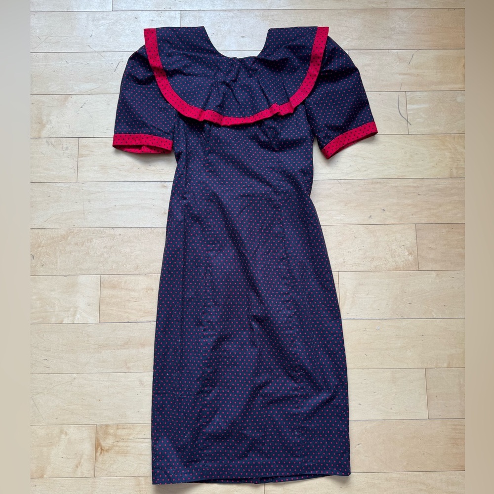 Vintage 80's Leslie Lucks Dress, Sz 10, bow polkadot retro collar shoulder‎ pads